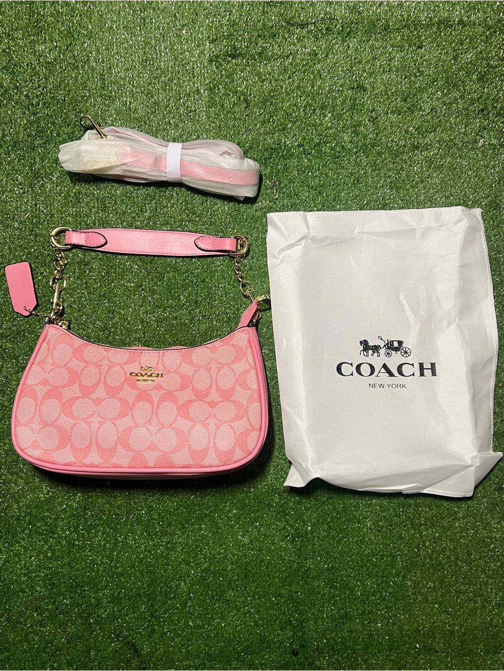 Coach Pink Signature Jacquard Mini Shoulder Bag with Gold Hardware